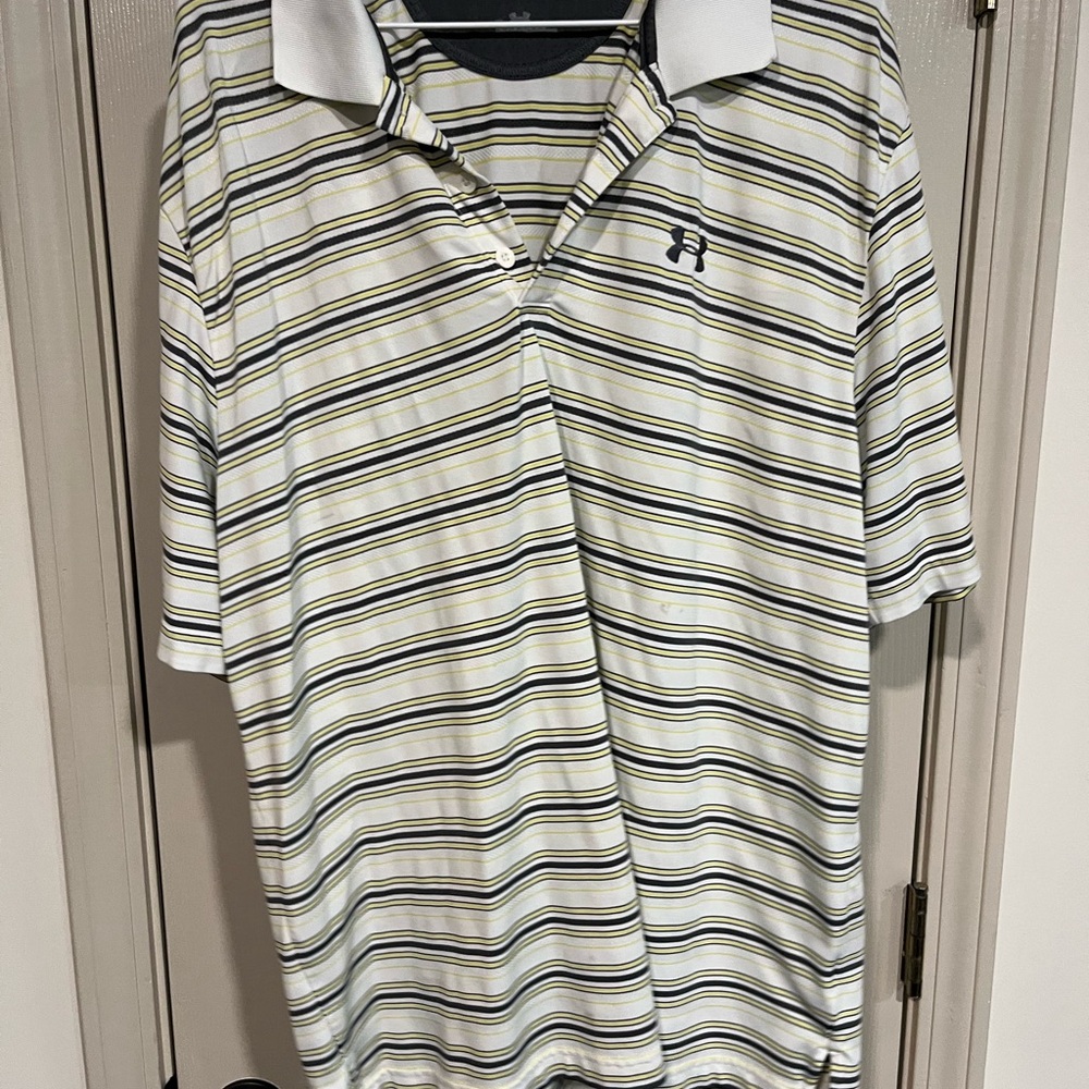 Under Armour White Polo with Navy and Yellow Stripes